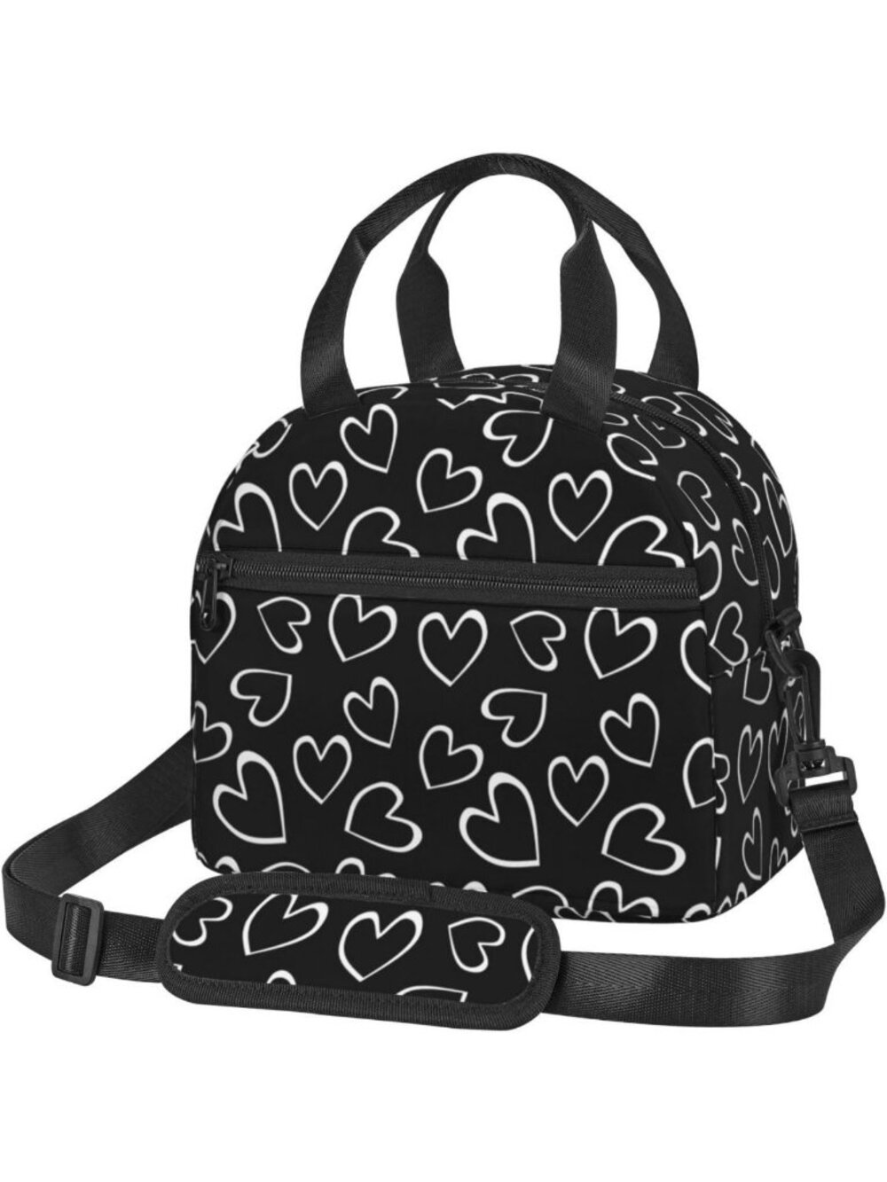 Stylish Black & White Insulated Lunch Bag with Adjustable Strap - Reusable